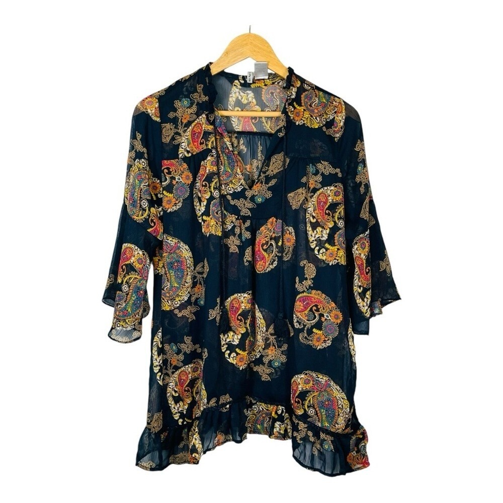 Lily Lou‎ Boho Paisley Ruffle Peasant Top Navy Blue Multicolor Tassel Tie Medium